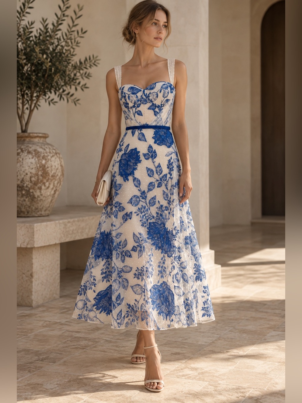 Blue and White Floral Lace Midi Dress with Sweetheart Neckline - Picture 1 of 4